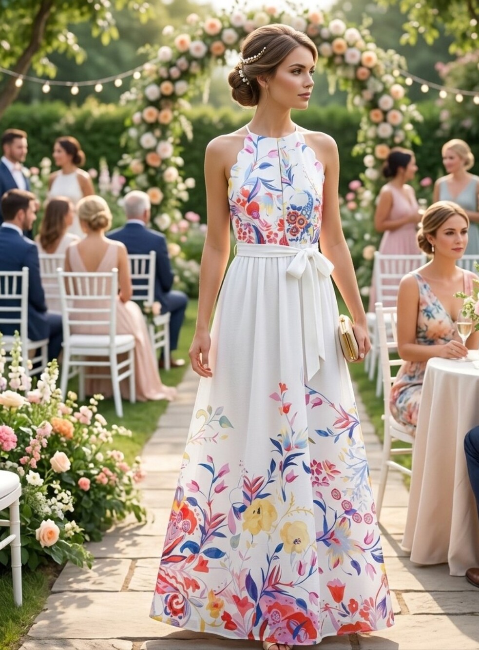 BCX White Halter Maxi Dress with Multicolor Floral Print and Tie Waist